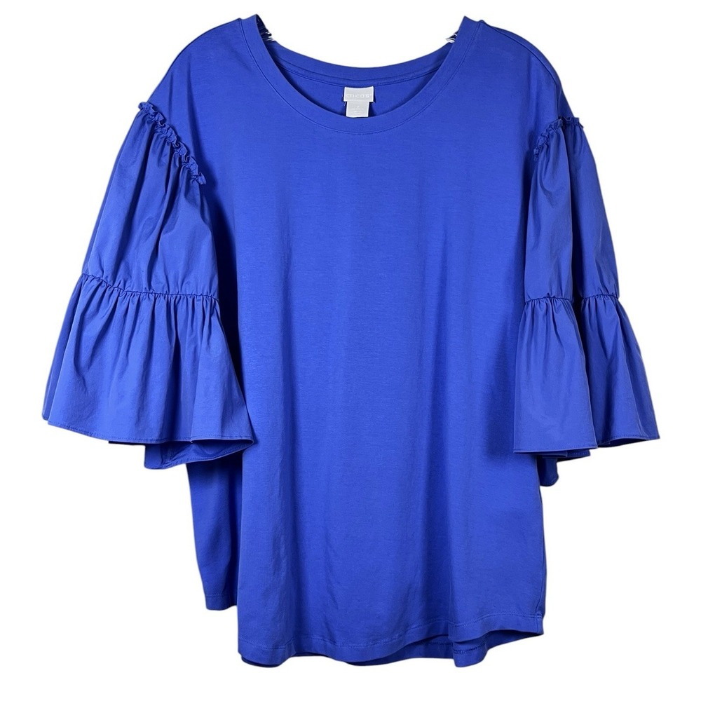 CHICO'S Sz 3 US 16 Top Neema Ruffleโ 3/4 Sleeve Zenergy Cornflower Blue